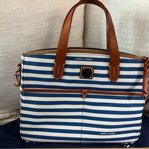 Dooney & Bourke Navy and White Striped Leather-Trim Tote